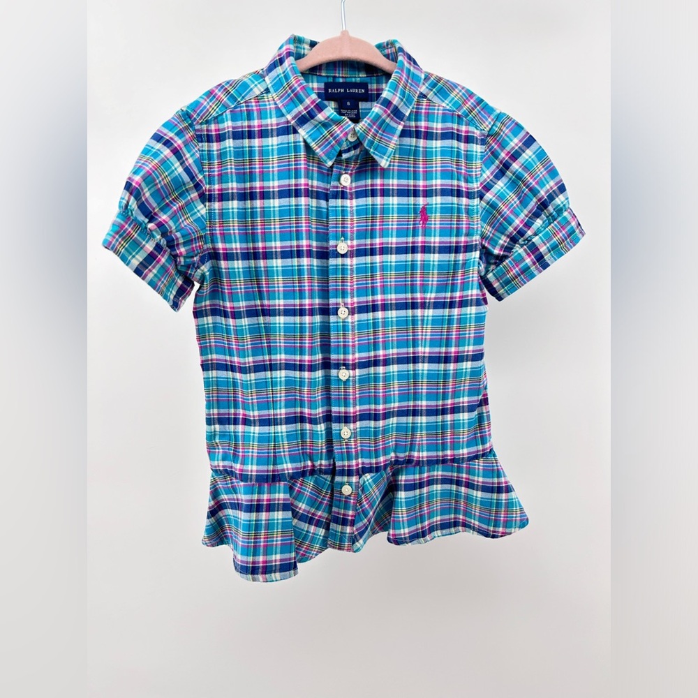 Girls polo Ralph Lauren Plaid button down Ruffle Hem Peplum size 8 preppy Teal